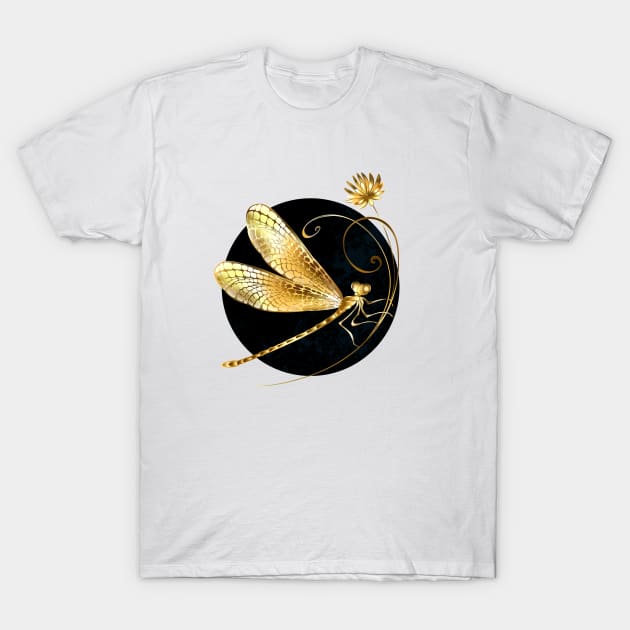 Golden dragonfly in black circle T-Shirt by Blackmoon9